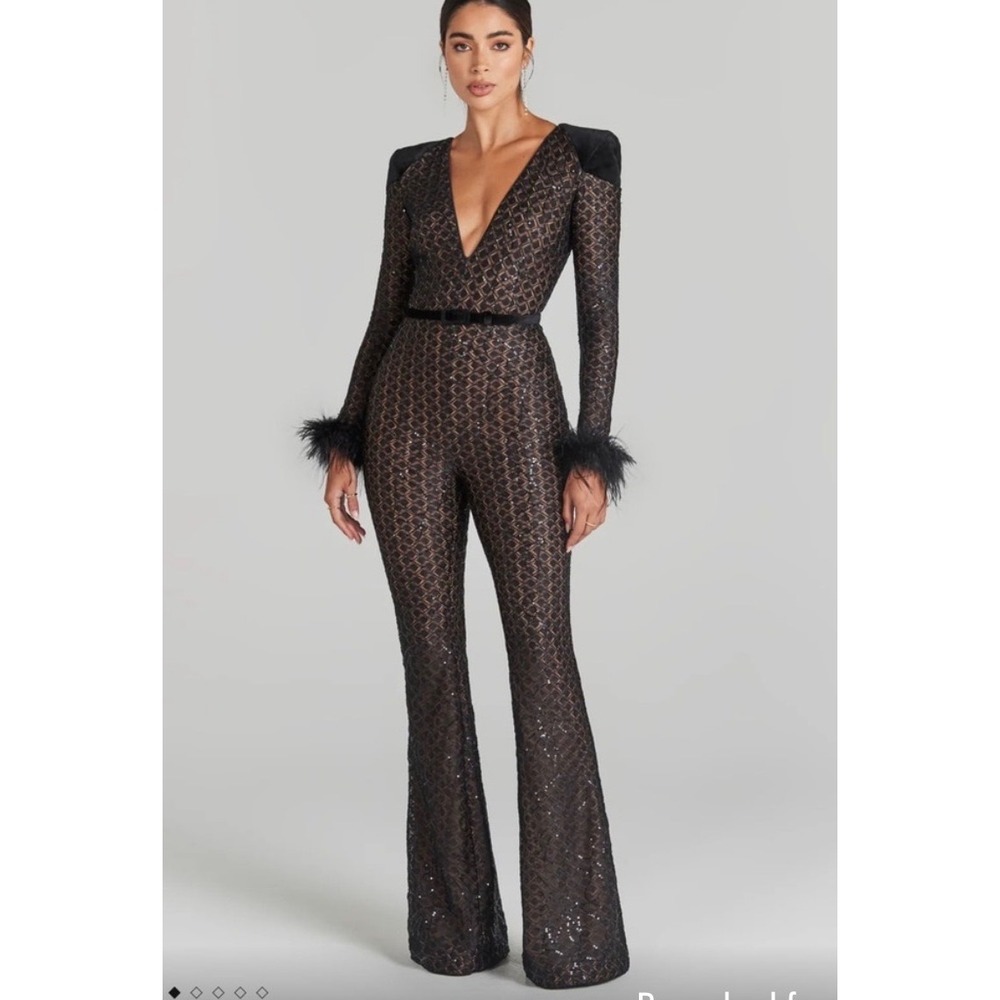 Nadine Merabi Black Sequin Lace Jumpsuit Feather Cuffs Flare Leg US 6 SM - Picture 1 of 7